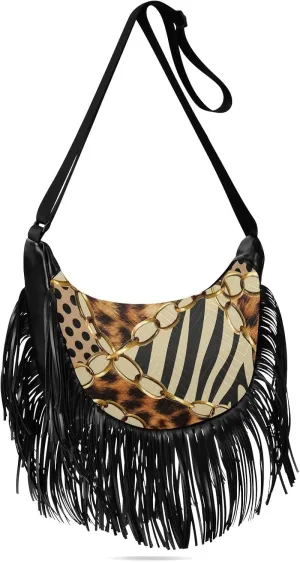 Leopard Animal Print Fringe Bags for Women Cross Body Bags Tassel Shoulder Bag Satchel