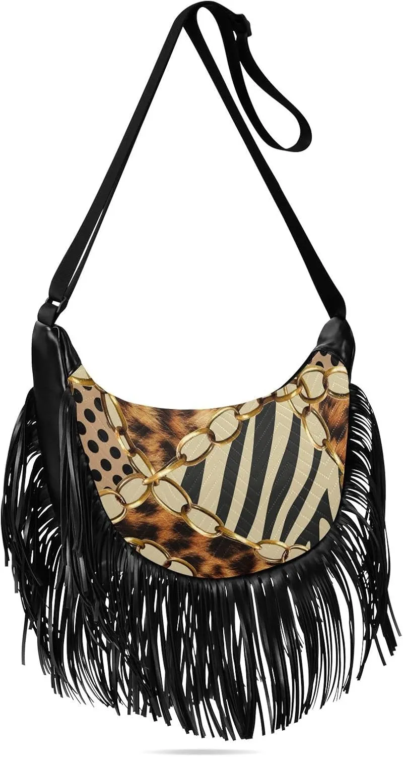 Leopard Animal Print Fringe Bags for Women Cross Body Bags Tassel Shoulder Bag Satchel