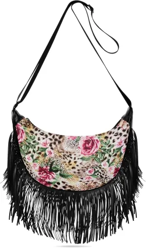 Leopard Print Pink Flower Fringe Bag for Women Cross Body Bag Tassel Shoulder Bag Satchel
