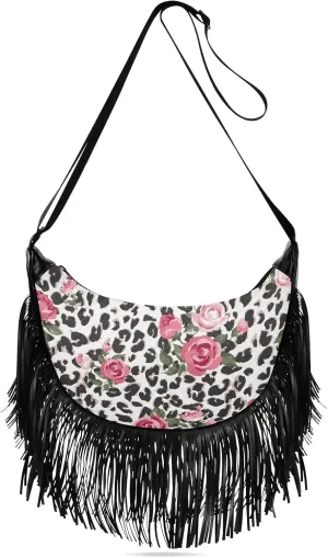 Leopard Print Rose Flower Fringe Bag for Women Cross Body Bag Tassel Shoulder Bag Satchel