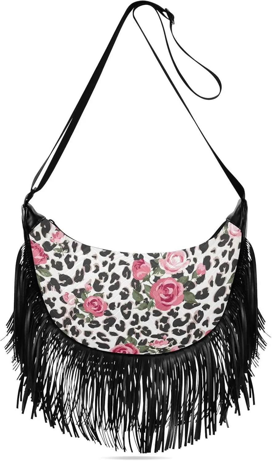 Leopard Print Rose Flower Fringe Bag for Women Cross Body Bag Tassel Shoulder Bag Satchel