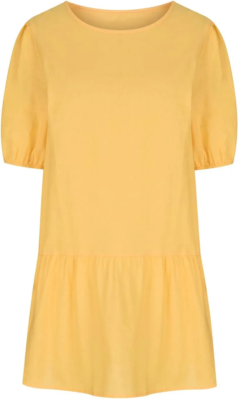 Linen Dresses for Women 2025 Casual Short Sleeve Solid Color Sundress Fashion Loose Crew Neck Pleated Summer Dress