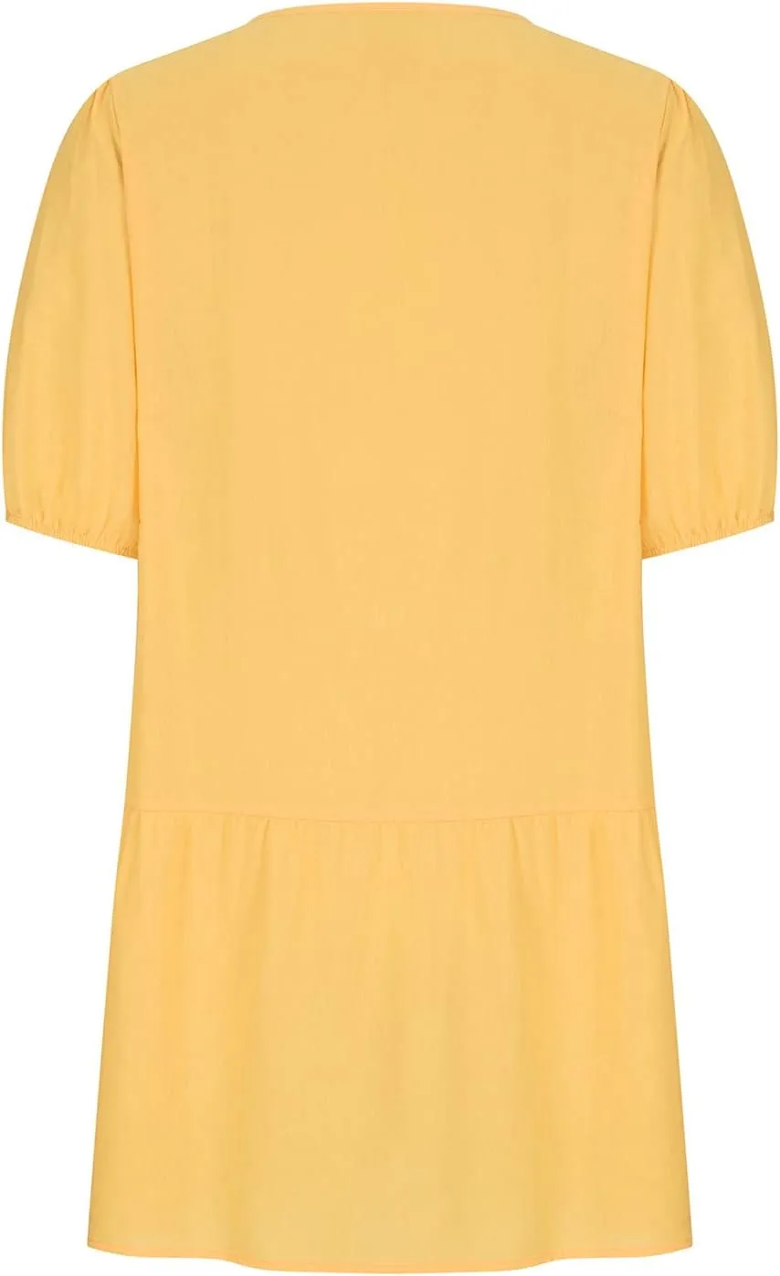 Linen Dresses for Women 2025 Casual Short Sleeve Solid Color Sundress Fashion Loose Crew Neck Pleated Summer Dress