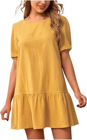 Linen Dresses for Women 2025 Casual Short Sleeve Solid Color Sundress Fashion Loose Crew Neck Pleated Summer Dress