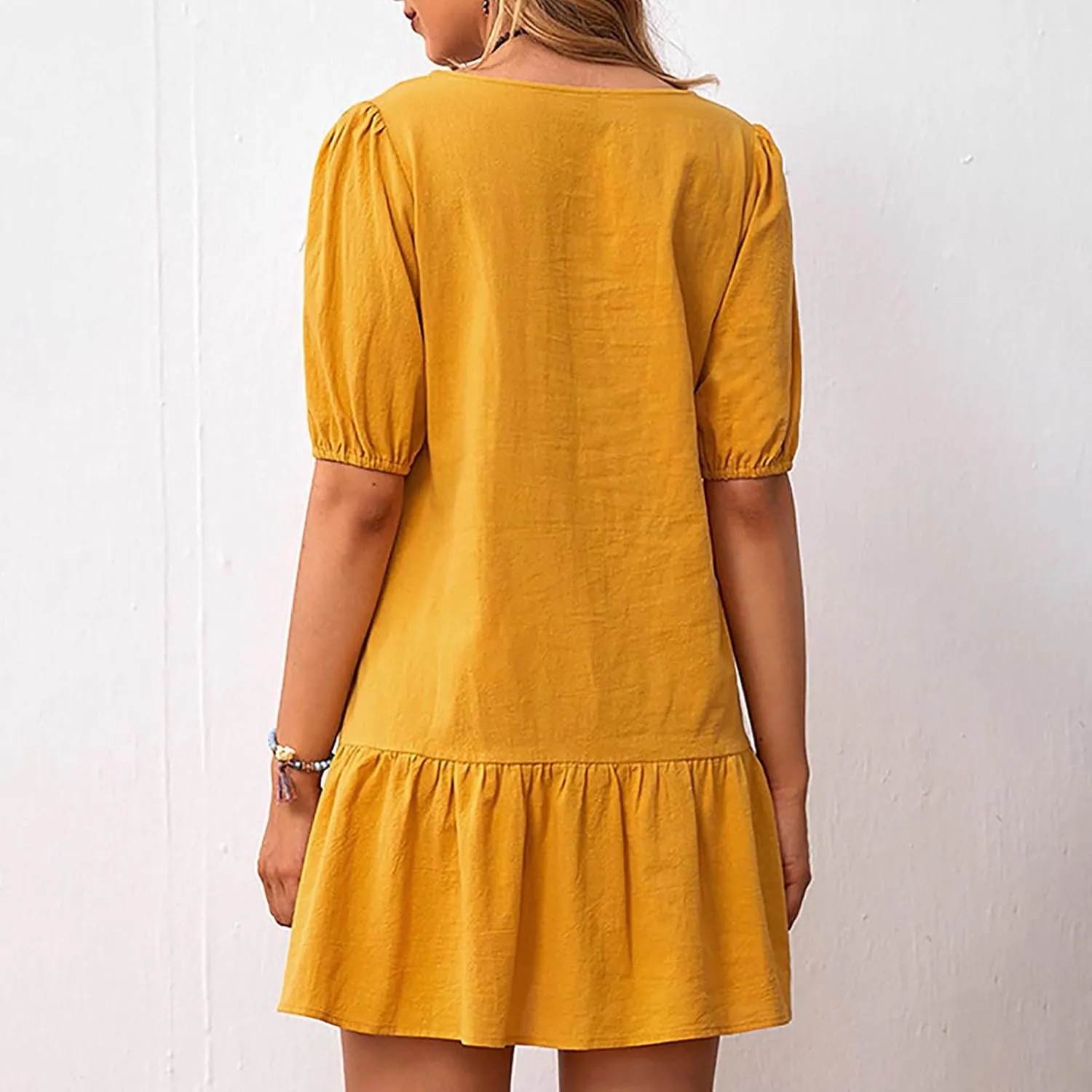 Linen Dresses for Women 2025 Casual Short Sleeve Solid Color Sundress Fashion Loose Crew Neck Pleated Summer Dress