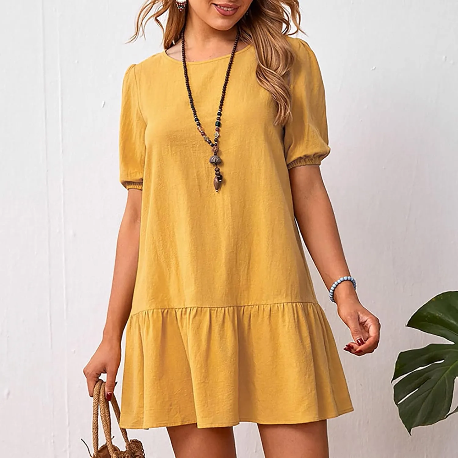 Linen Dresses for Women 2025 Casual Short Sleeve Solid Color Sundress Fashion Loose Crew Neck Pleated Summer Dress