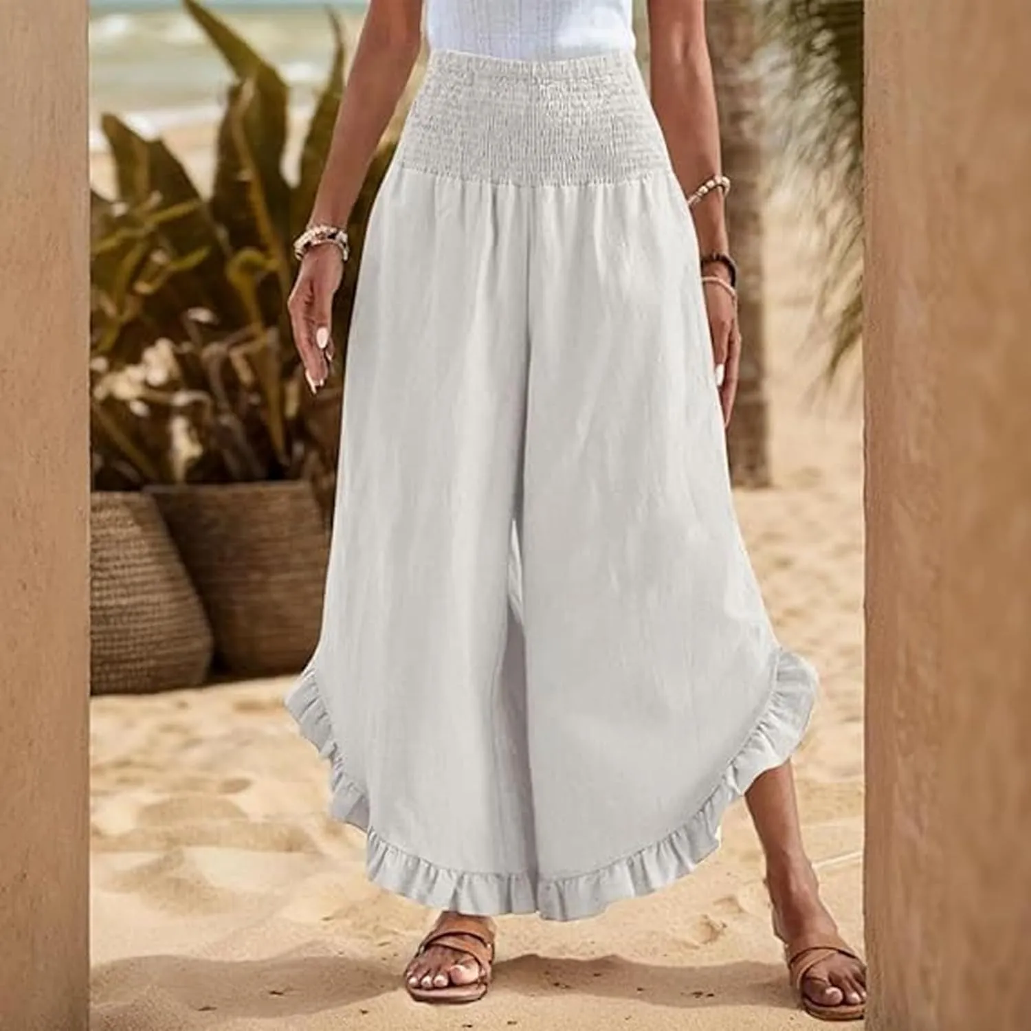 Linen Pants Women Petite Smocked High Waist Ruffle Hem Wide Leg Palazzo Pants Flowy Summer Boho Beach Trousers Pockets