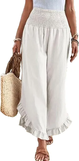Linen Pants Women Petite Smocked High Waist Ruffle Hem Wide Leg Palazzo Pants Flowy Summer Boho Beach Trousers Pockets