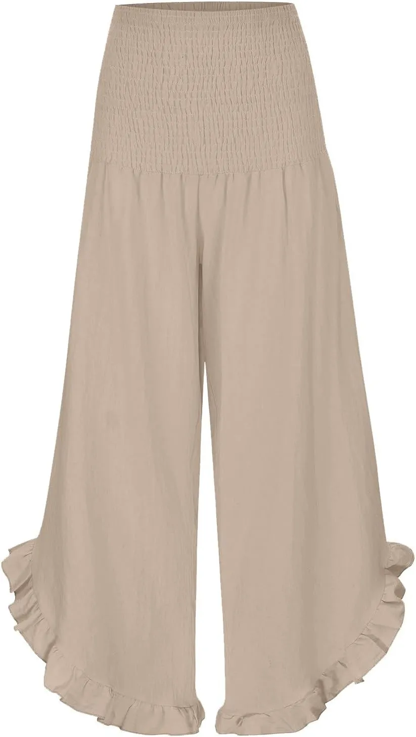 Linen Pants Women Petite Smocked High Waist Ruffle Hem Wide Leg Palazzo Pants Flowy Summer Boho Beach Trousers Pockets