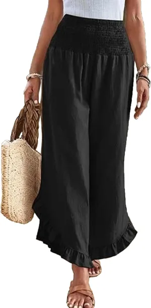 Linen Pants Women Petite Smocked High Waist Ruffle Hem Wide Leg Palazzo Pants Flowy Summer Boho Beach Trousers Pockets