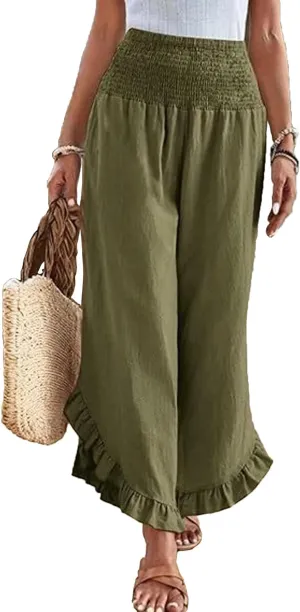 Linen Pants Women Petite Smocked High Waist Ruffle Hem Wide Leg Palazzo Pants Flowy Summer Boho Beach Trousers Pockets