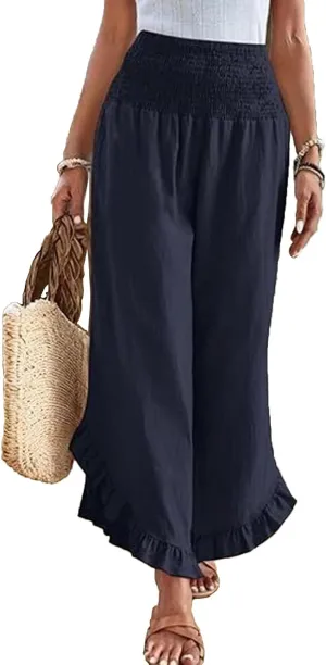 Linen Pants Women Petite Smocked High Waist Ruffle Hem Wide Leg Palazzo Pants Flowy Summer Boho Beach Trousers Pockets