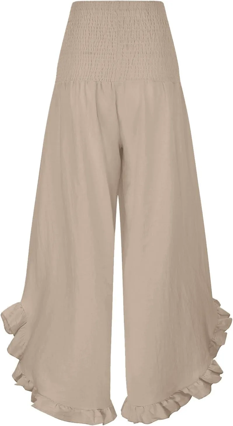 Linen Pants Women Petite Smocked High Waist Ruffle Hem Wide Leg Palazzo Pants Flowy Summer Boho Beach Trousers Pockets