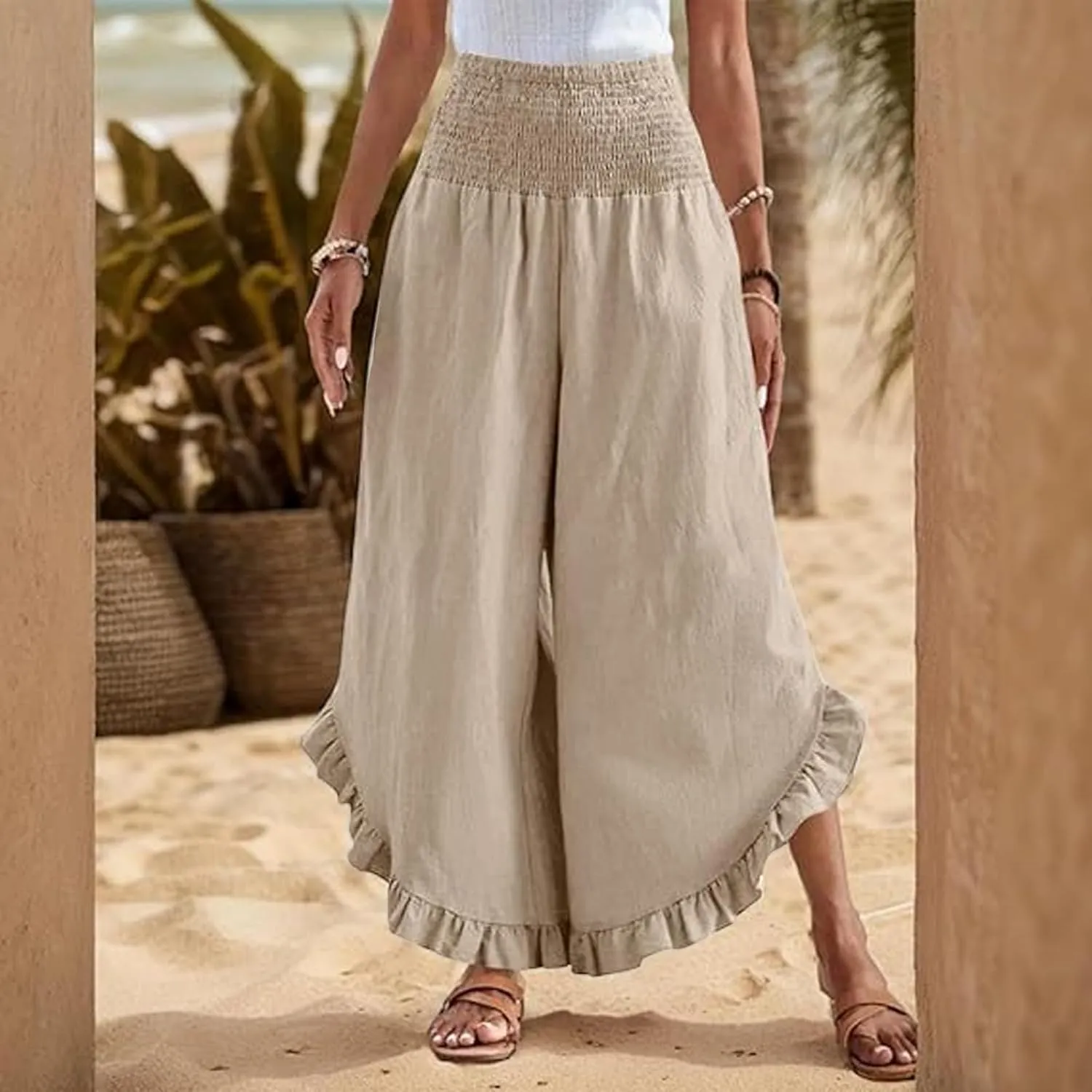 Linen Pants Women Petite Smocked High Waist Ruffle Hem Wide Leg Palazzo Pants Flowy Summer Boho Beach Trousers Pockets