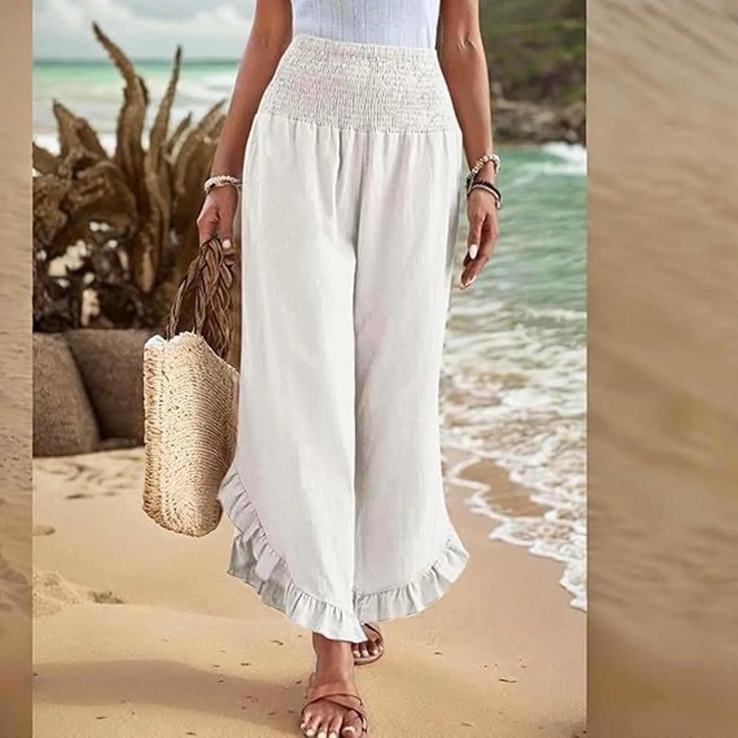 Linen Pants Women Petite Smocked High Waist Ruffle Hem Wide Leg Palazzo Pants Flowy Summer Boho Beach Trousers Pockets