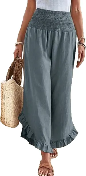 Linen Pants Women Petite Smocked High Waist Ruffle Hem Wide Leg Palazzo Pants Flowy Summer Boho Beach Trousers Pockets