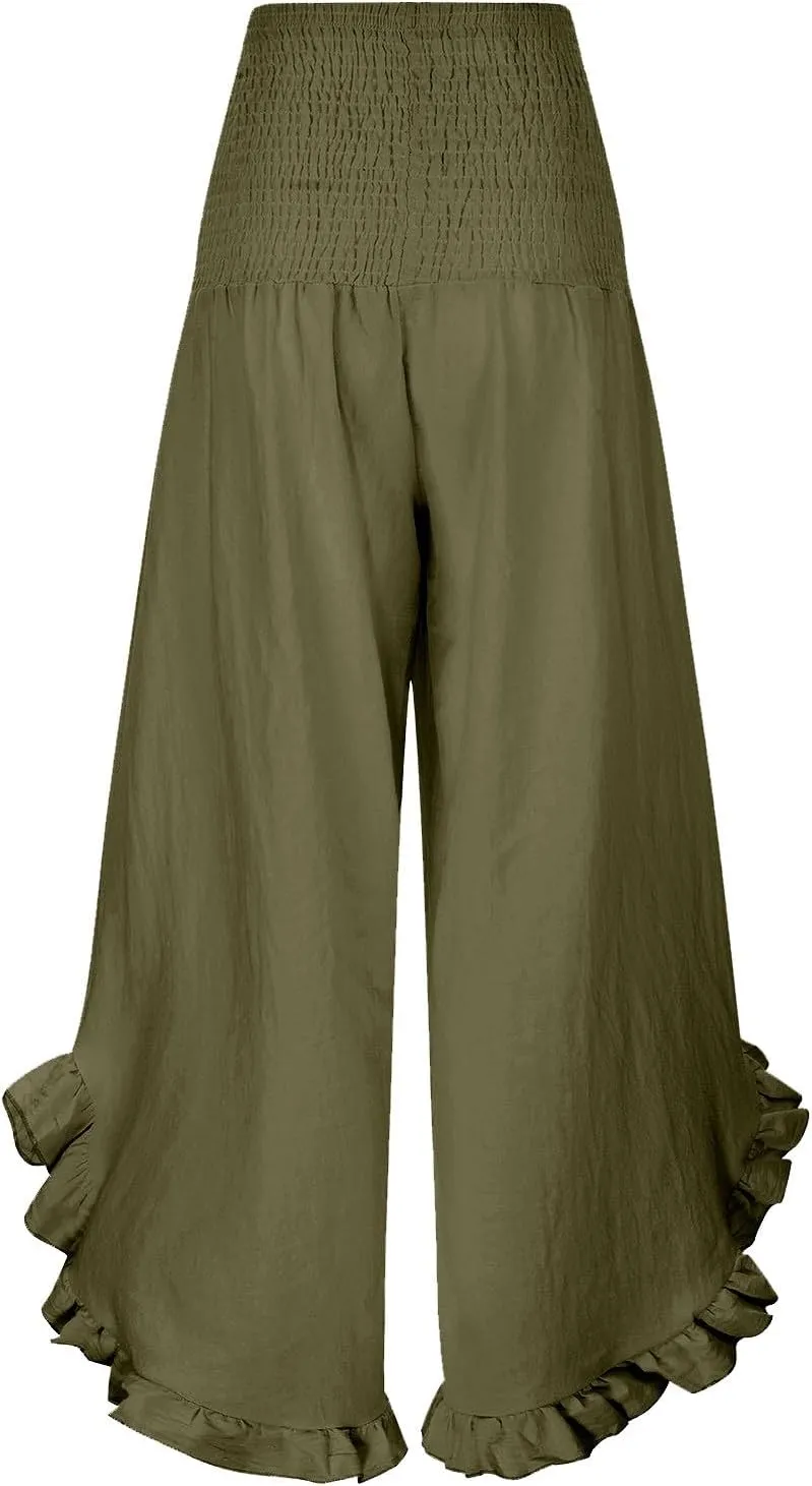 Linen Pants Women Petite Smocked High Waist Ruffle Hem Wide Leg Palazzo Pants Flowy Summer Boho Beach Trousers Pockets