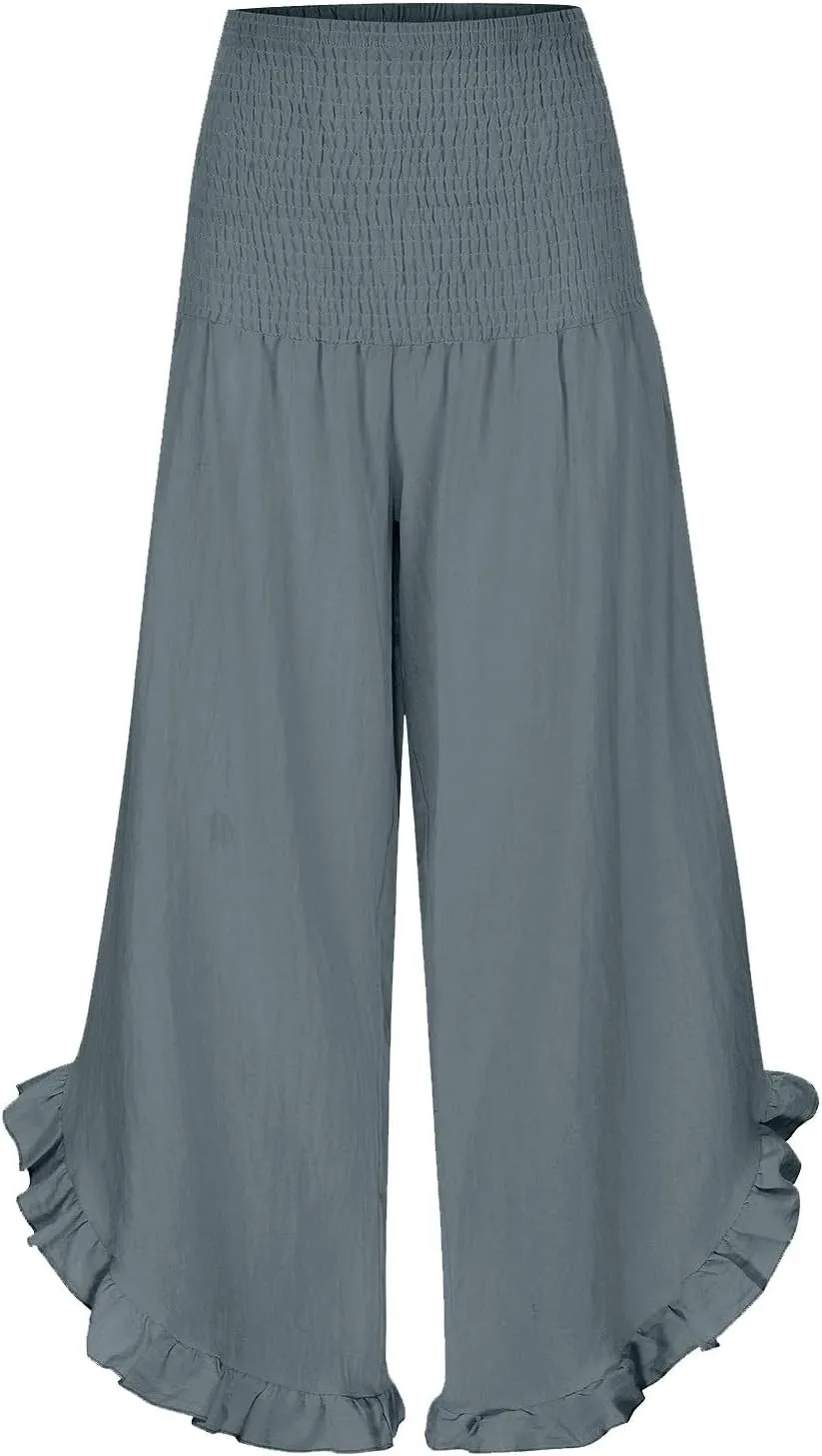 Linen Pants Women Petite Smocked High Waist Ruffle Hem Wide Leg Palazzo Pants Flowy Summer Boho Beach Trousers Pockets