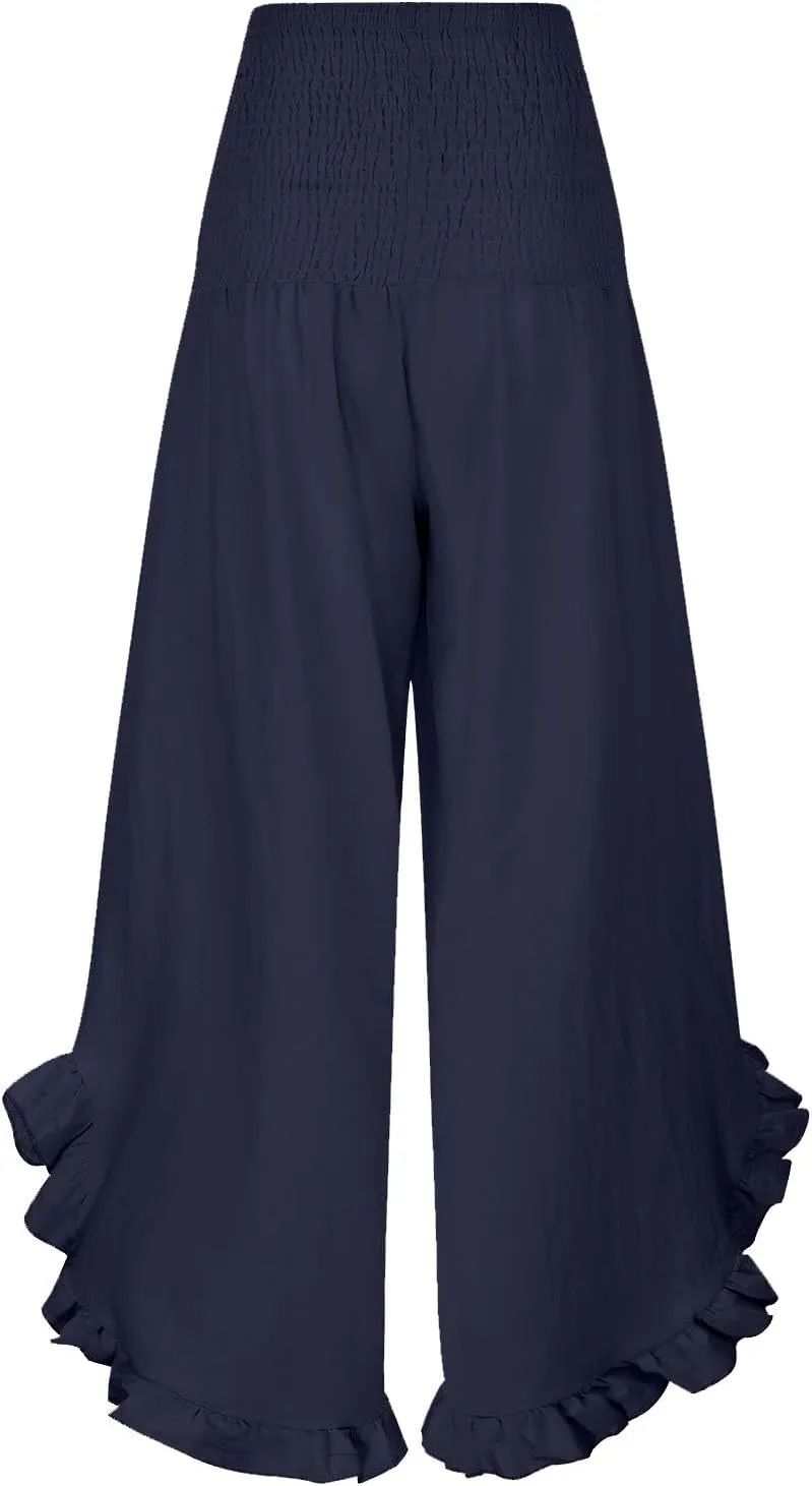 Linen Pants Women Petite Smocked High Waist Ruffle Hem Wide Leg Palazzo Pants Flowy Summer Boho Beach Trousers Pockets