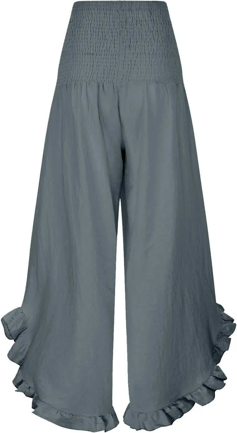Linen Pants Women Petite Smocked High Waist Ruffle Hem Wide Leg Palazzo Pants Flowy Summer Boho Beach Trousers Pockets
