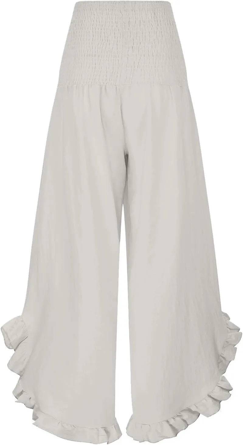Linen Pants Women Petite Smocked High Waist Ruffle Hem Wide Leg Palazzo Pants Flowy Summer Boho Beach Trousers Pockets