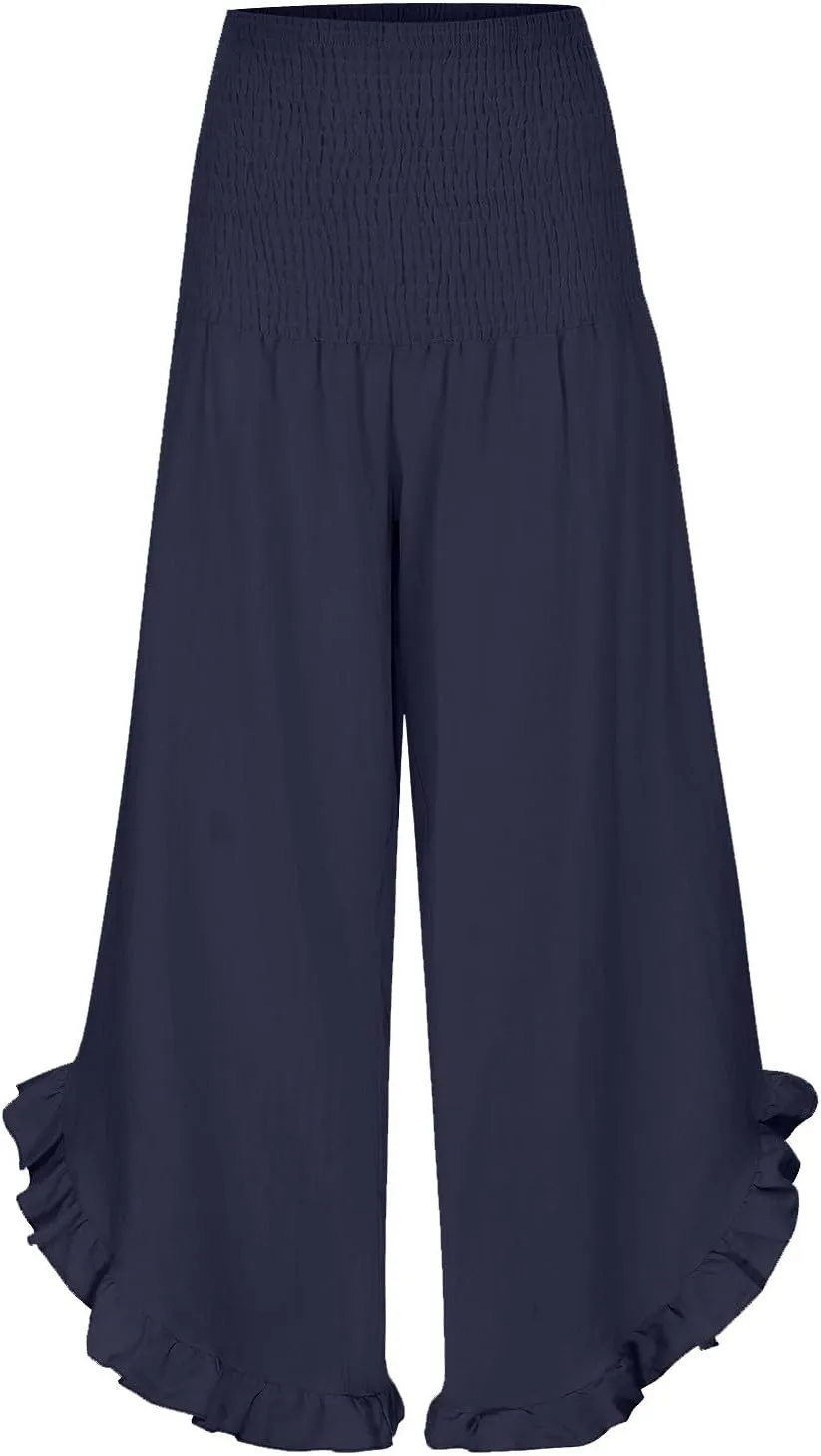 Linen Pants Women Petite Smocked High Waist Ruffle Hem Wide Leg Palazzo Pants Flowy Summer Boho Beach Trousers Pockets