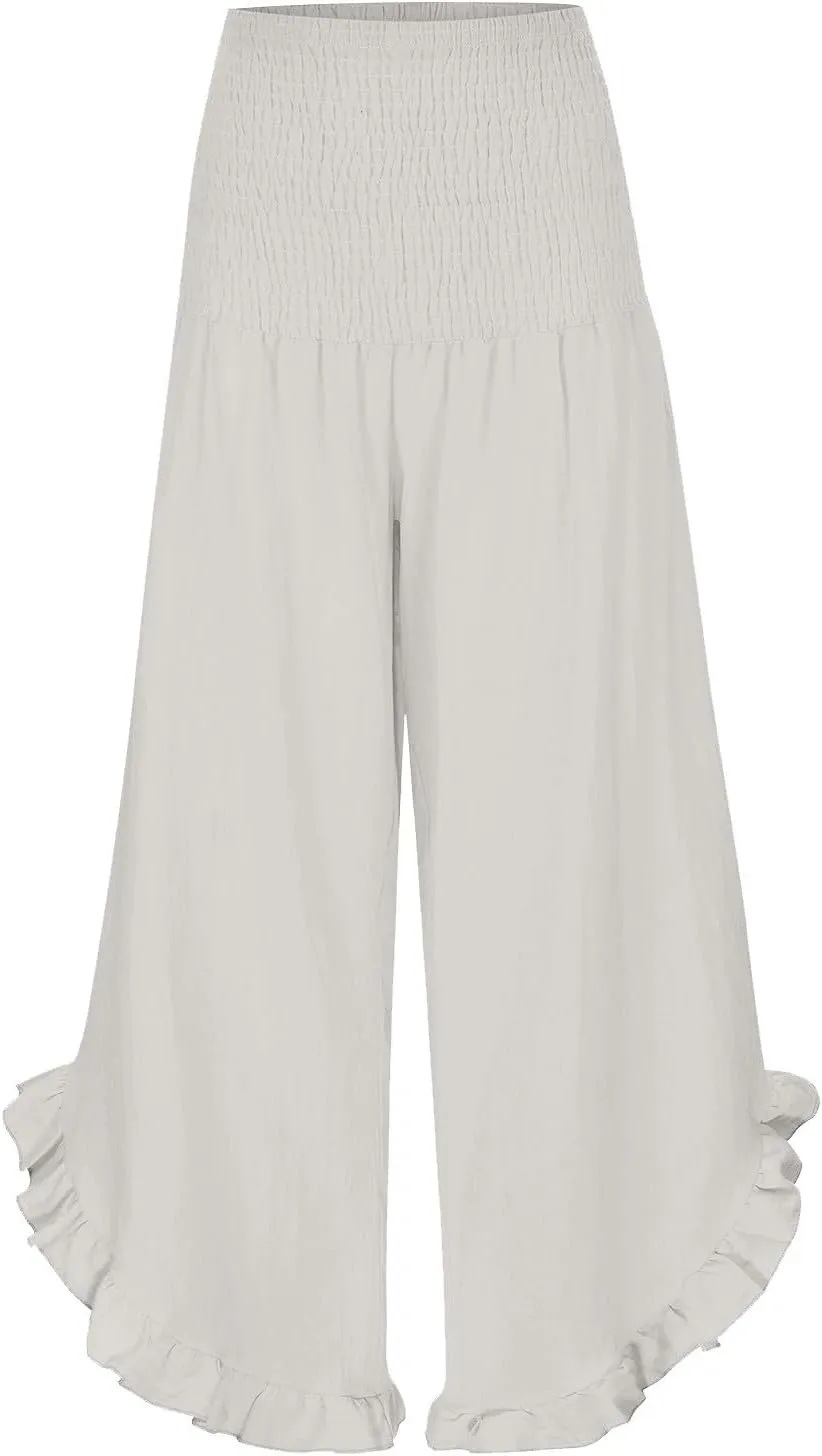 Linen Pants Women Petite Smocked High Waist Ruffle Hem Wide Leg Palazzo Pants Flowy Summer Boho Beach Trousers Pockets