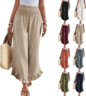 Linen Pants Women Petite Smocked High Waist Ruffle Hem Wide Leg Palazzo Pants Flowy Summer Boho Beach Trousers Pockets