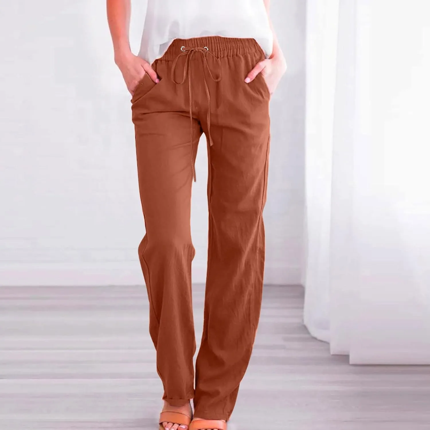 Linen Pants Women Petite Women Loose High Waist Drawstring Flowy Wide Leg Beach Pants Casual Trousers with Pockets