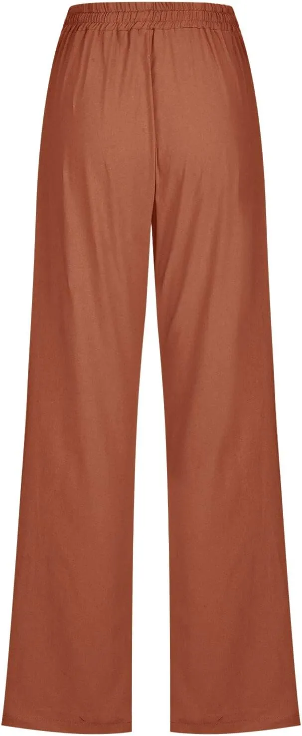Linen Pants Women Petite Women Loose High Waist Drawstring Flowy Wide Leg Beach Pants Casual Trousers with Pockets