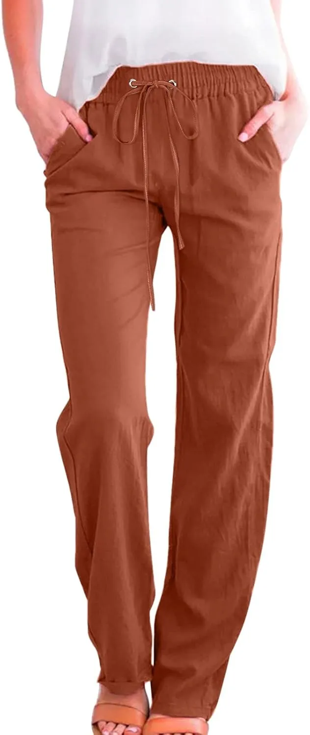 Linen Pants Women Petite Women Loose High Waist Drawstring Flowy Wide Leg Beach Pants Casual Trousers with Pockets