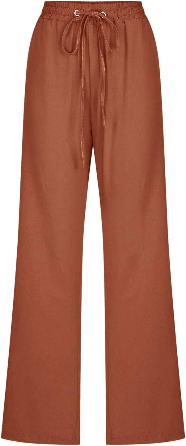 Linen Pants Women Petite Women Loose High Waist Drawstring Flowy Wide Leg Beach Pants Casual Trousers with Pockets