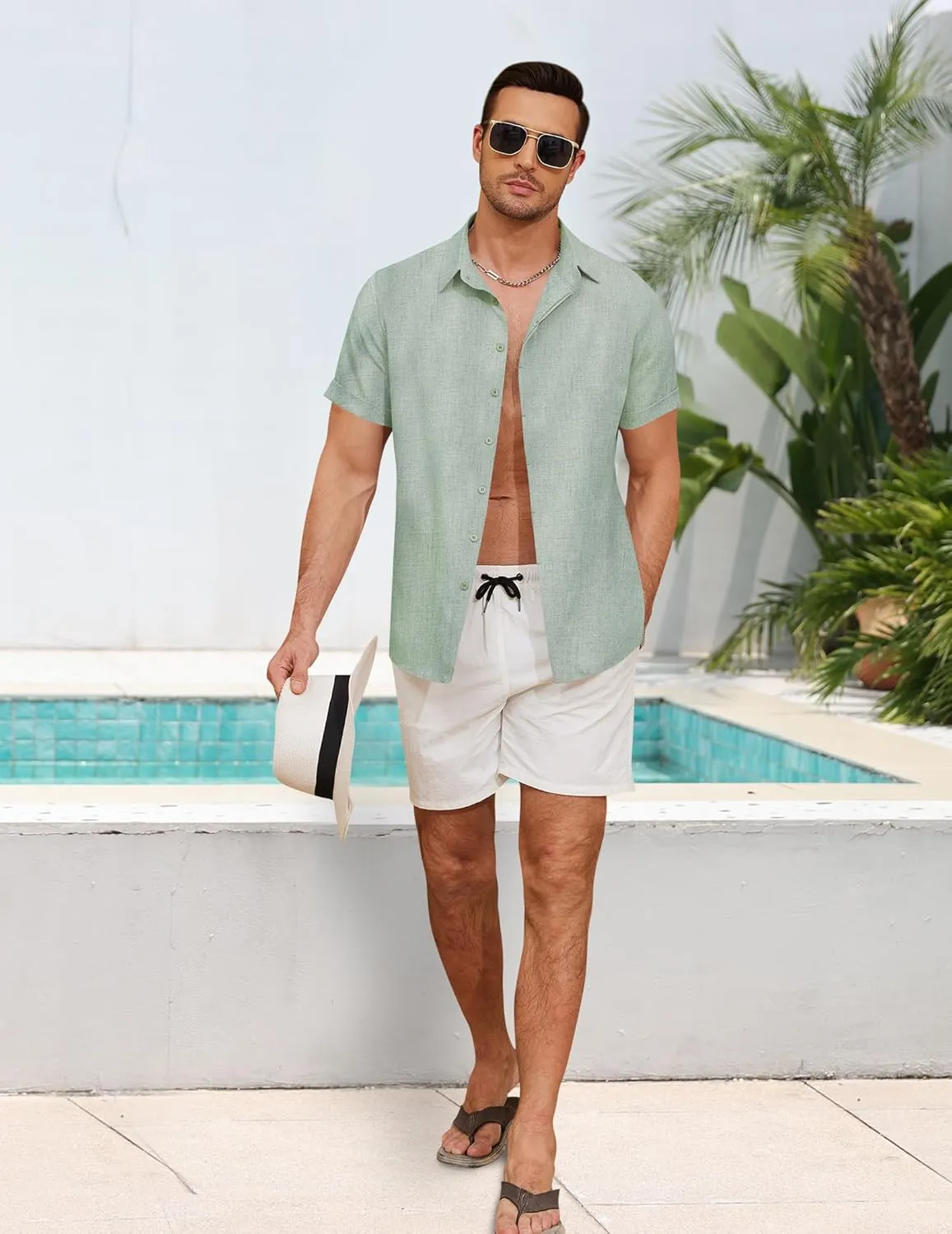 Linen Shirts for Men Button Down Beach Shirt Short Sleeve Men's Casual Summer Vacation Shirts