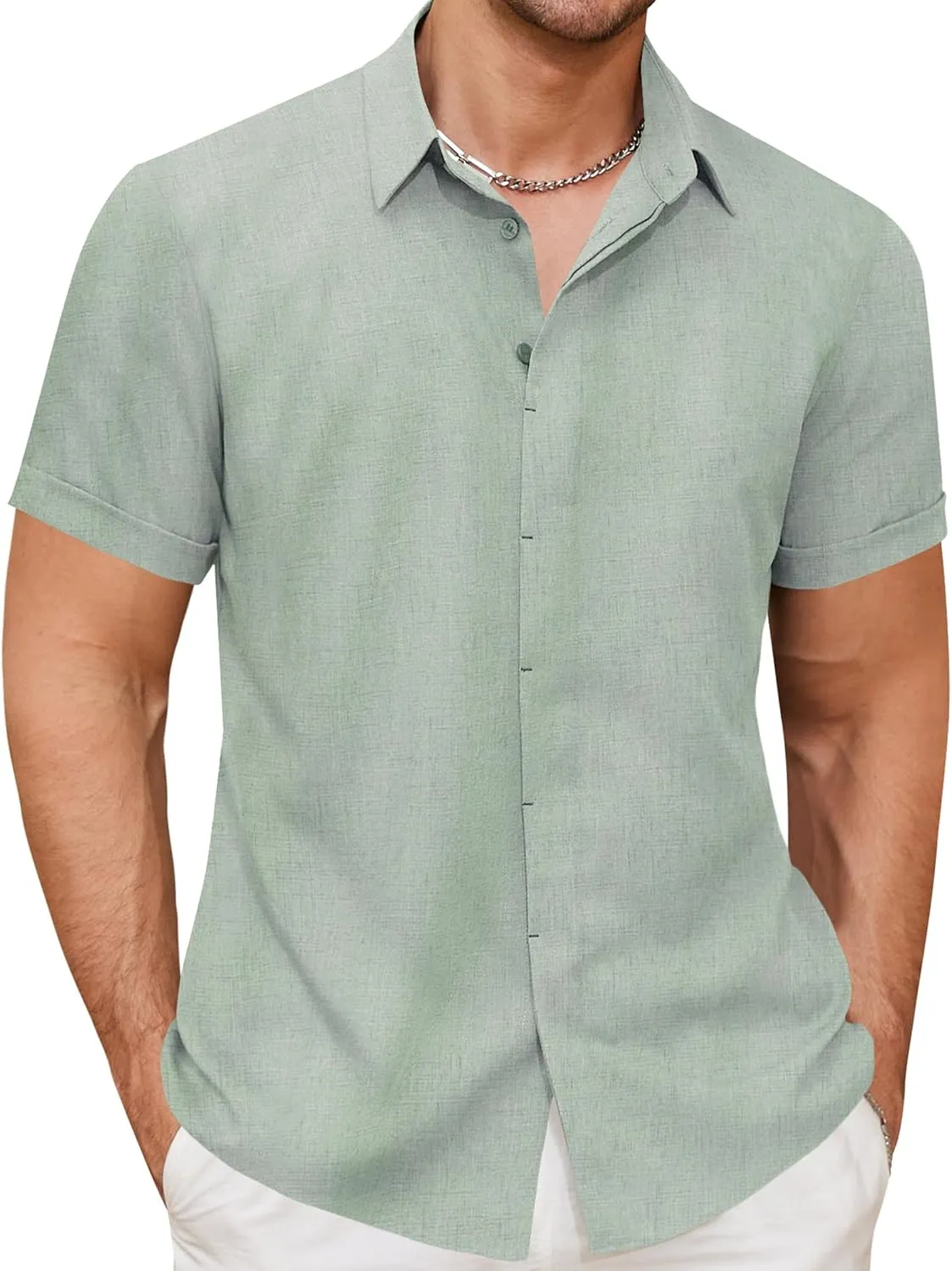 Linen Shirts for Men Button Down Beach Shirt Short Sleeve Men's Casual Summer Vacation Shirts