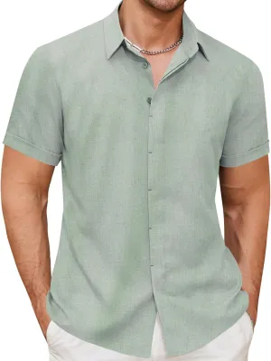 Linen Shirts for Men Button Down Beach Shirt Short Sleeve Men's Casual Summer Vacation Shirts