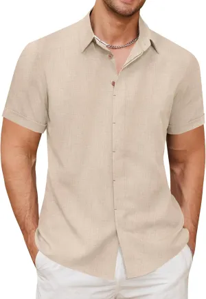 Linen Shirts for Men Button Down Beach Shirt Short Sleeve Men's Casual Summer Vacation Shirts