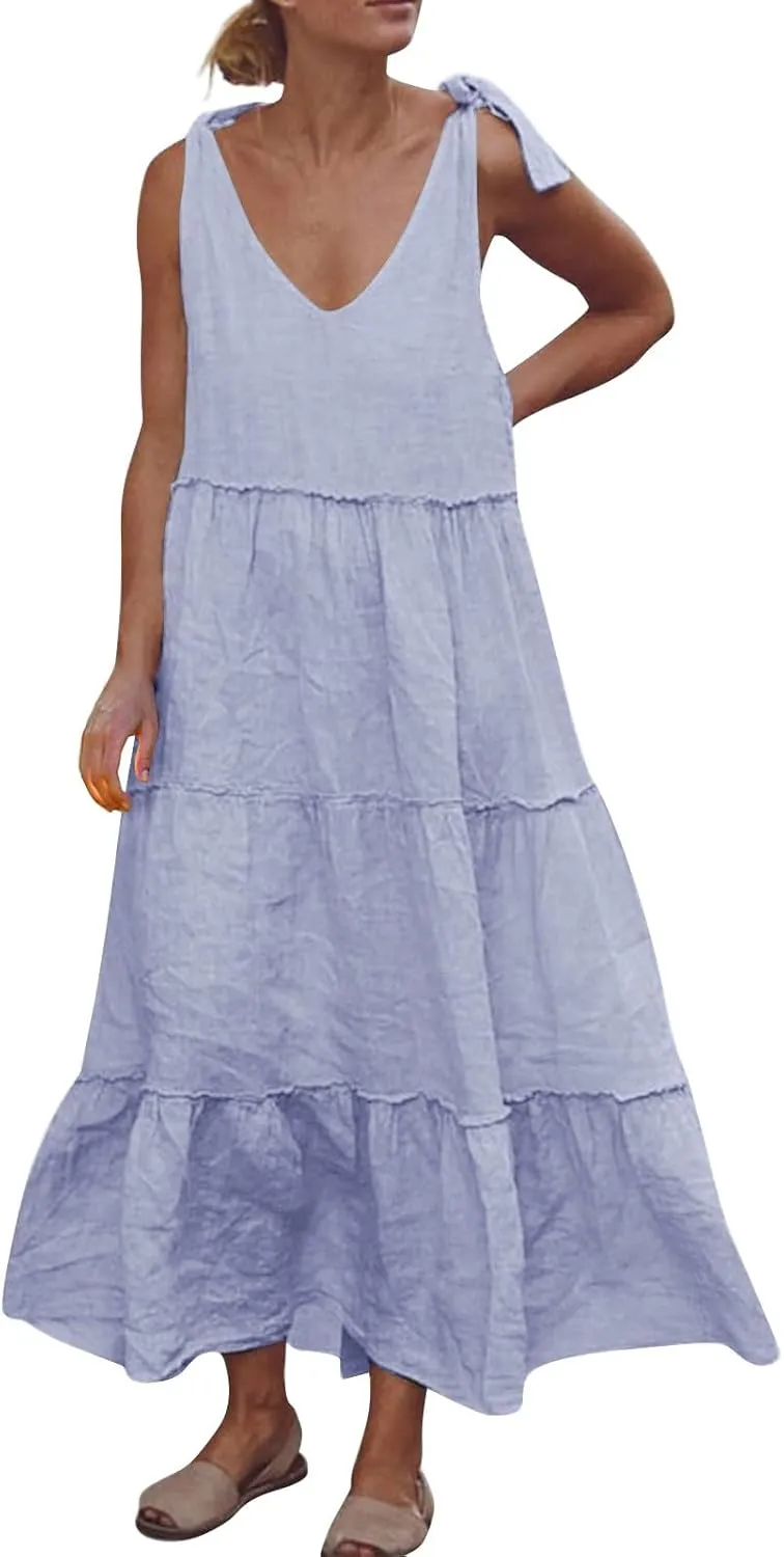 Linen Sundresses for Women 2025 Vacation Tie Shoulder V Neck Tiered Maxi Dress Flowy Summer Long Beach Sundress