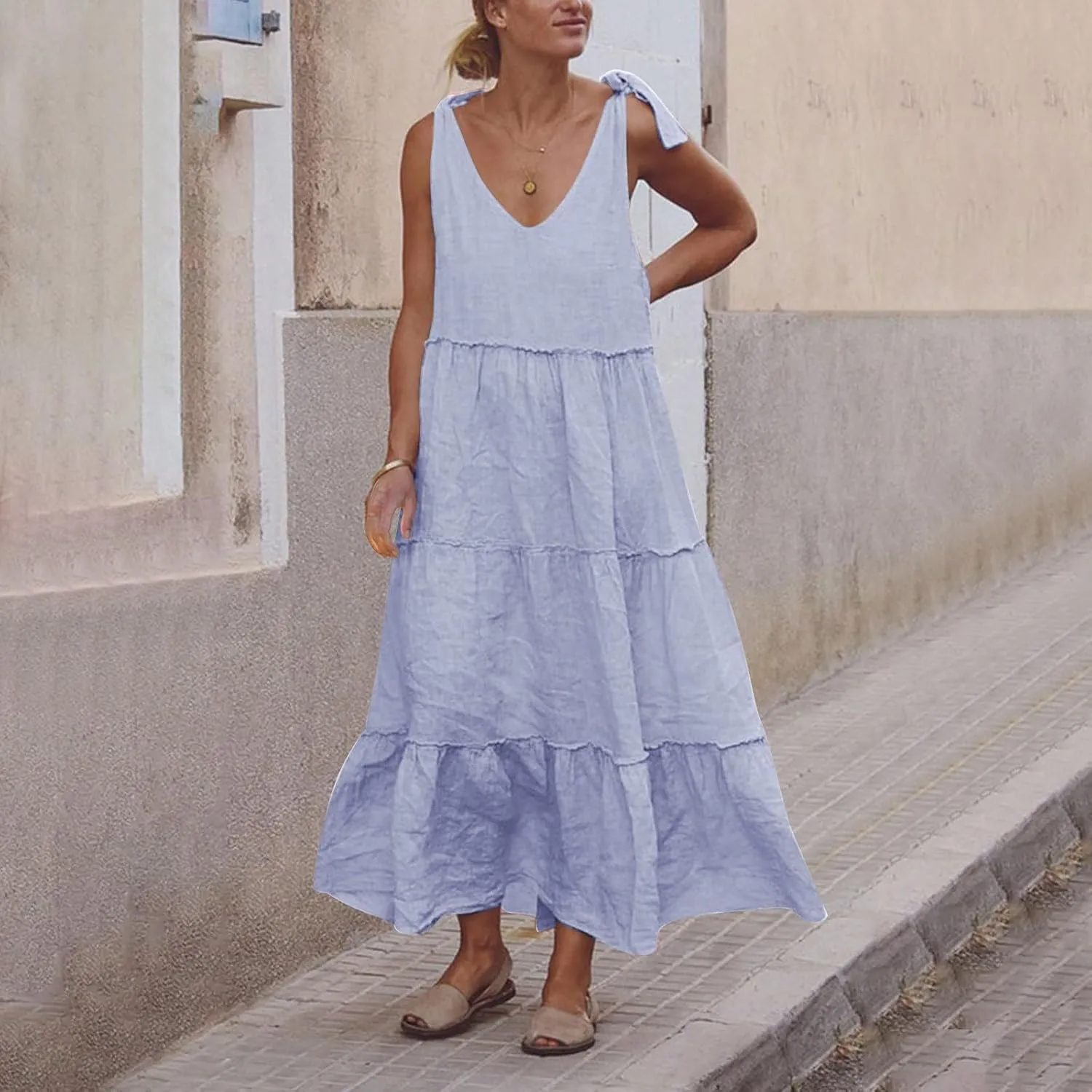 Linen Sundresses for Women 2025 Vacation Tie Shoulder V Neck Tiered Maxi Dress Flowy Summer Long Beach Sundress