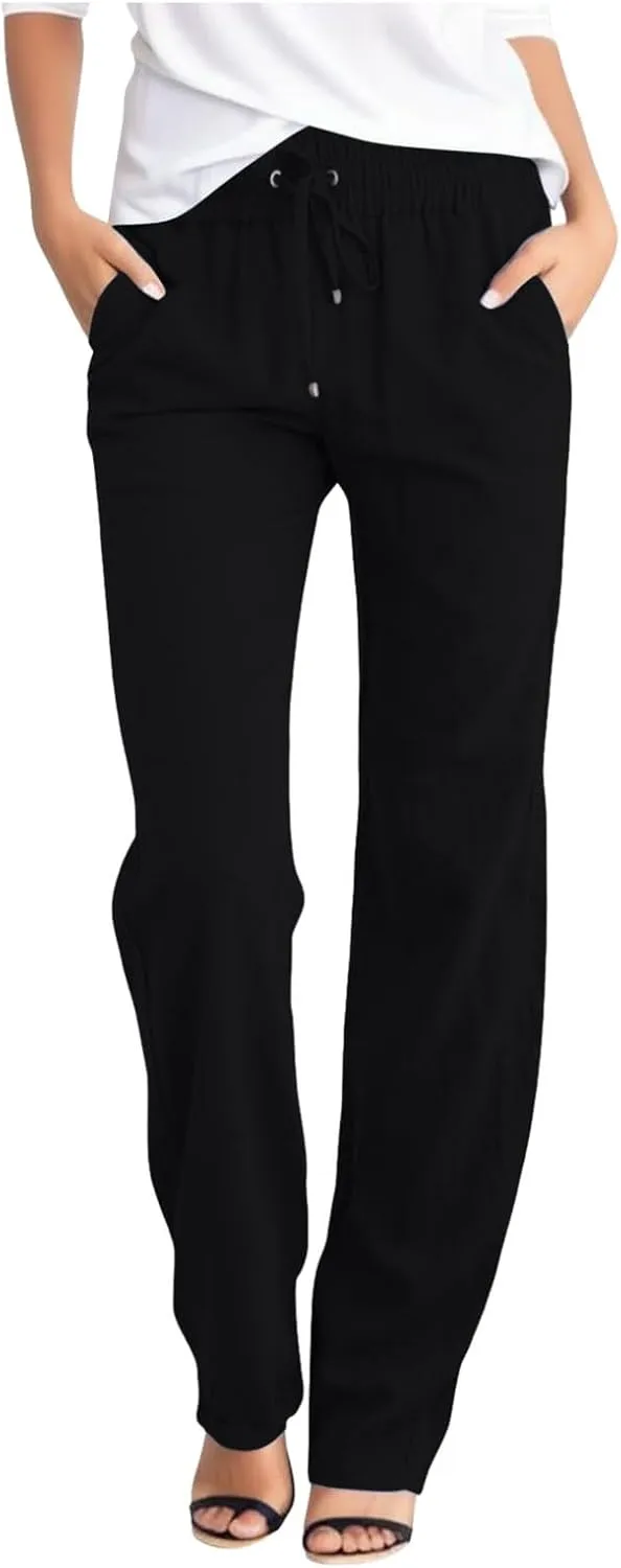 Lmdudan 2025 Women's Cotton Linen Pants Summer High Waisted Palazzo Pants Wide Leg Drawstring Elastic Waist Loose Trousers