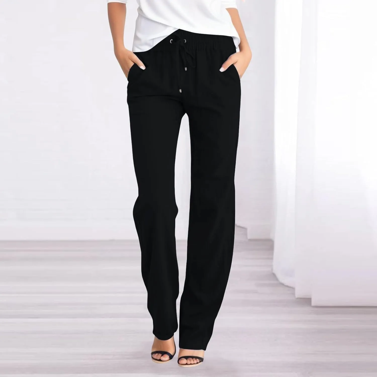 Lmdudan 2025 Women's Cotton Linen Pants Summer High Waisted Palazzo Pants Wide Leg Drawstring Elastic Waist Loose Trousers