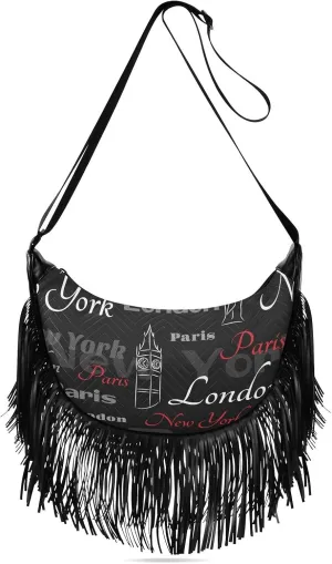 London Paris Pattern Fringe Bag for Women Cross Body Bag Tassel Shoulder Bag Satchel