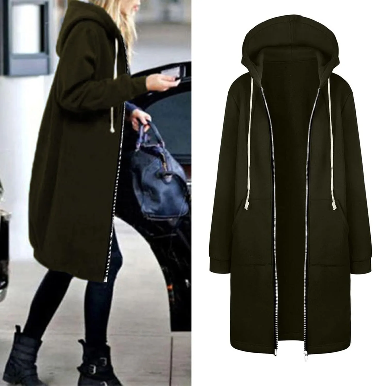 Long Hoodie for Women Zip Up Drawstring Fleece Warm Oversized Sweatshirt Jackets Fall Winter Open Front Cardigan Coat