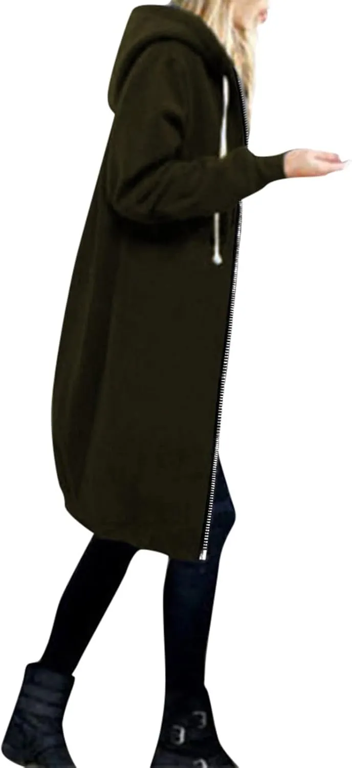 Long Hoodie for Women Zip Up Drawstring Fleece Warm Oversized Sweatshirt Jackets Fall Winter Open Front Cardigan Coat