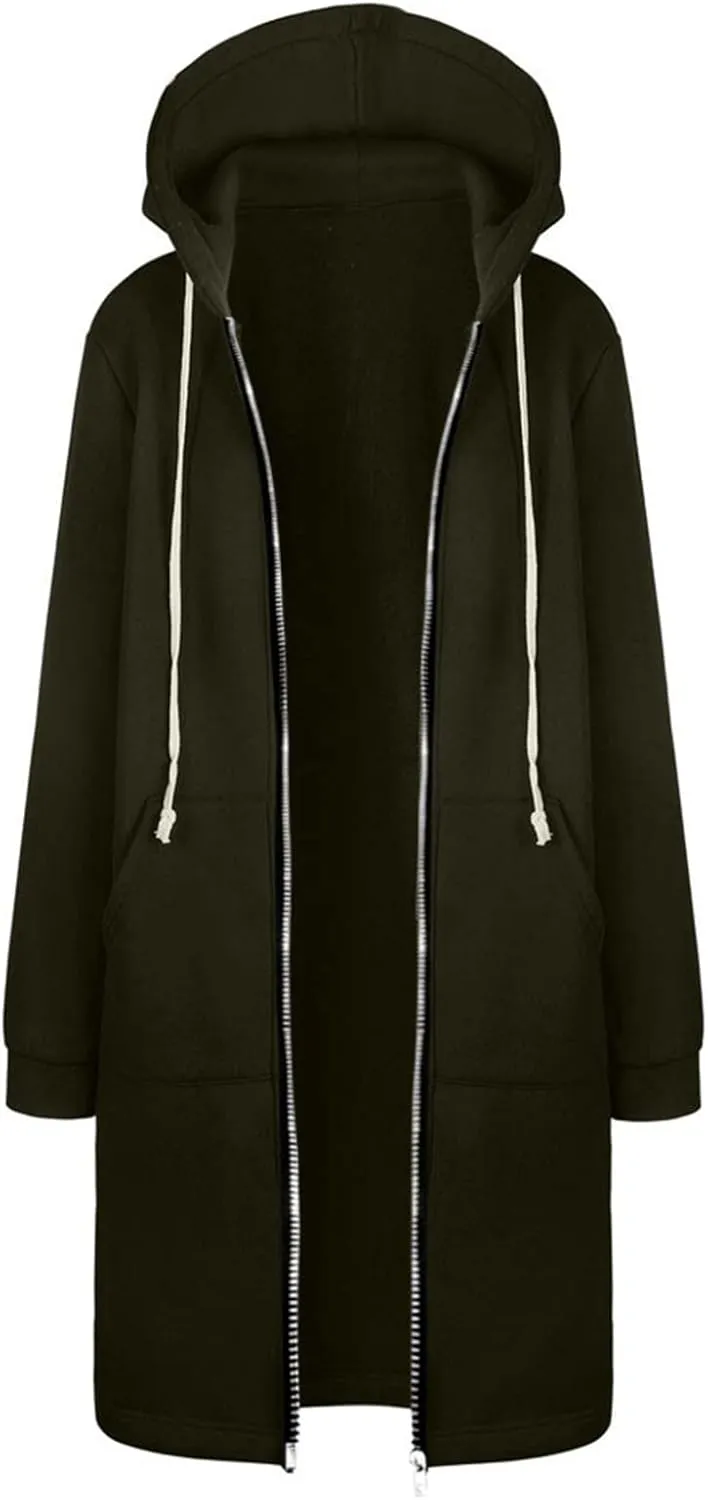 Long Hoodie for Women Zip Up Drawstring Fleece Warm Oversized Sweatshirt Jackets Fall Winter Open Front Cardigan Coat