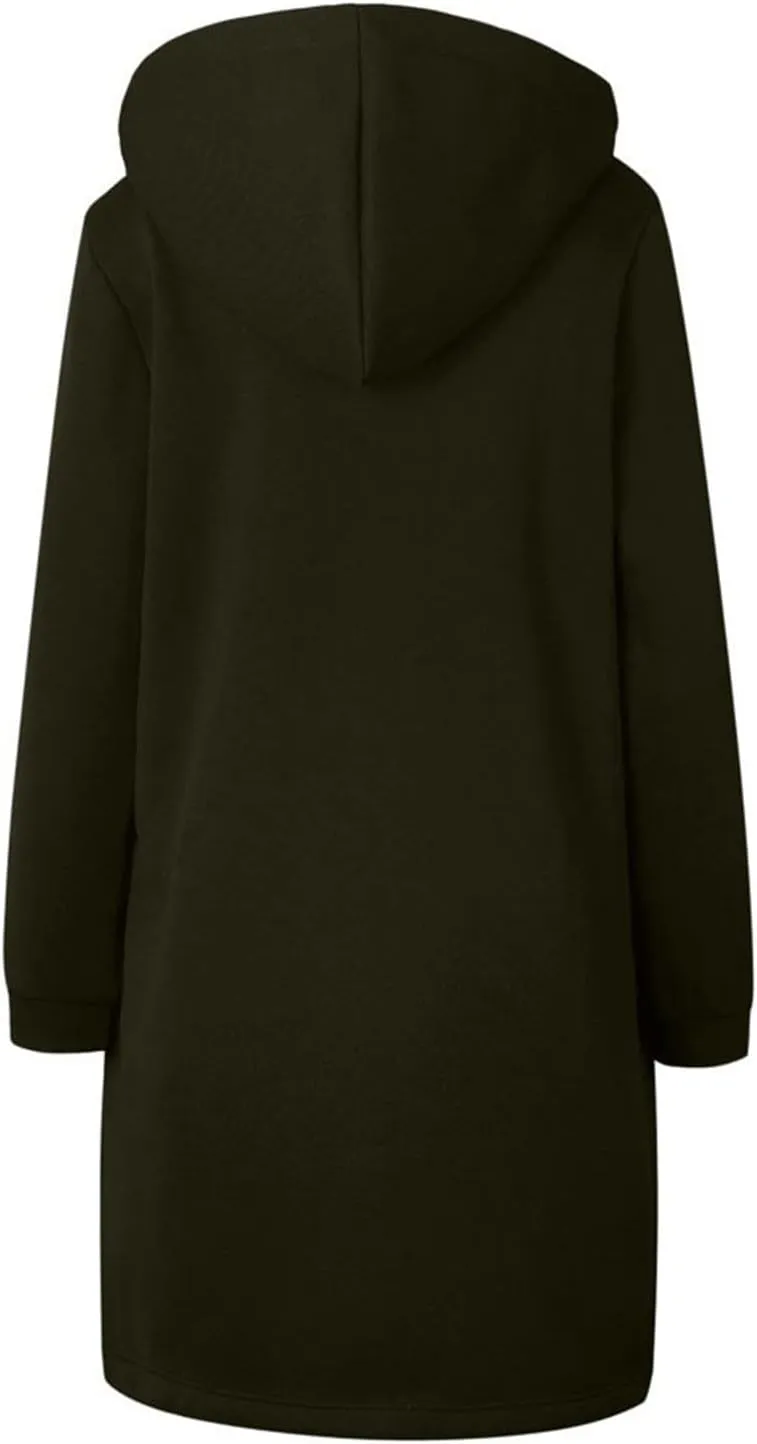 Long Hoodie for Women Zip Up Drawstring Fleece Warm Oversized Sweatshirt Jackets Fall Winter Open Front Cardigan Coat