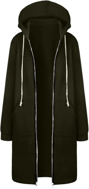 Long Hoodie for Women Zip Up Drawstring Fleece Warm Oversized Sweatshirt Jackets Fall Winter Open Front Cardigan Coat