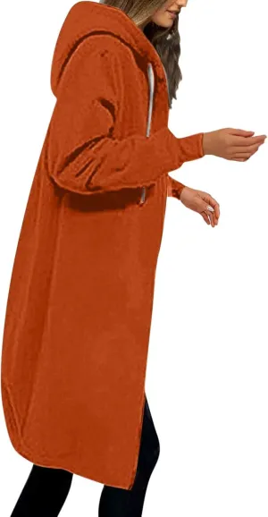 Long Hoodie Women Zip Up Tunic Sweatshirt Fall Hooded Jacket Coat Drawstring Open Front Cardigan with Pockets