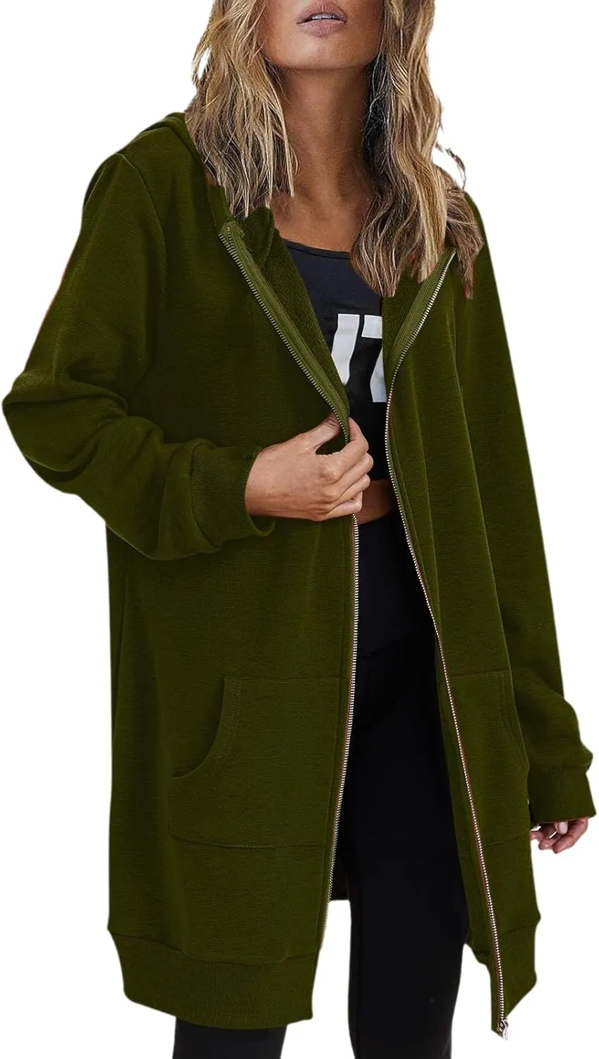 Long Hoodies for Women Zip Up Cotton Plus Size Oversized Hoodie Teen Girls Fleece Fall Sweat Jacket