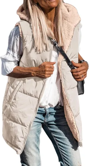 Long Puffer Jacket Womens Zip Up Hoodies Fleece Lined Puffer Vest Reversible Long Sleeve Coat Warm Winter Outwear