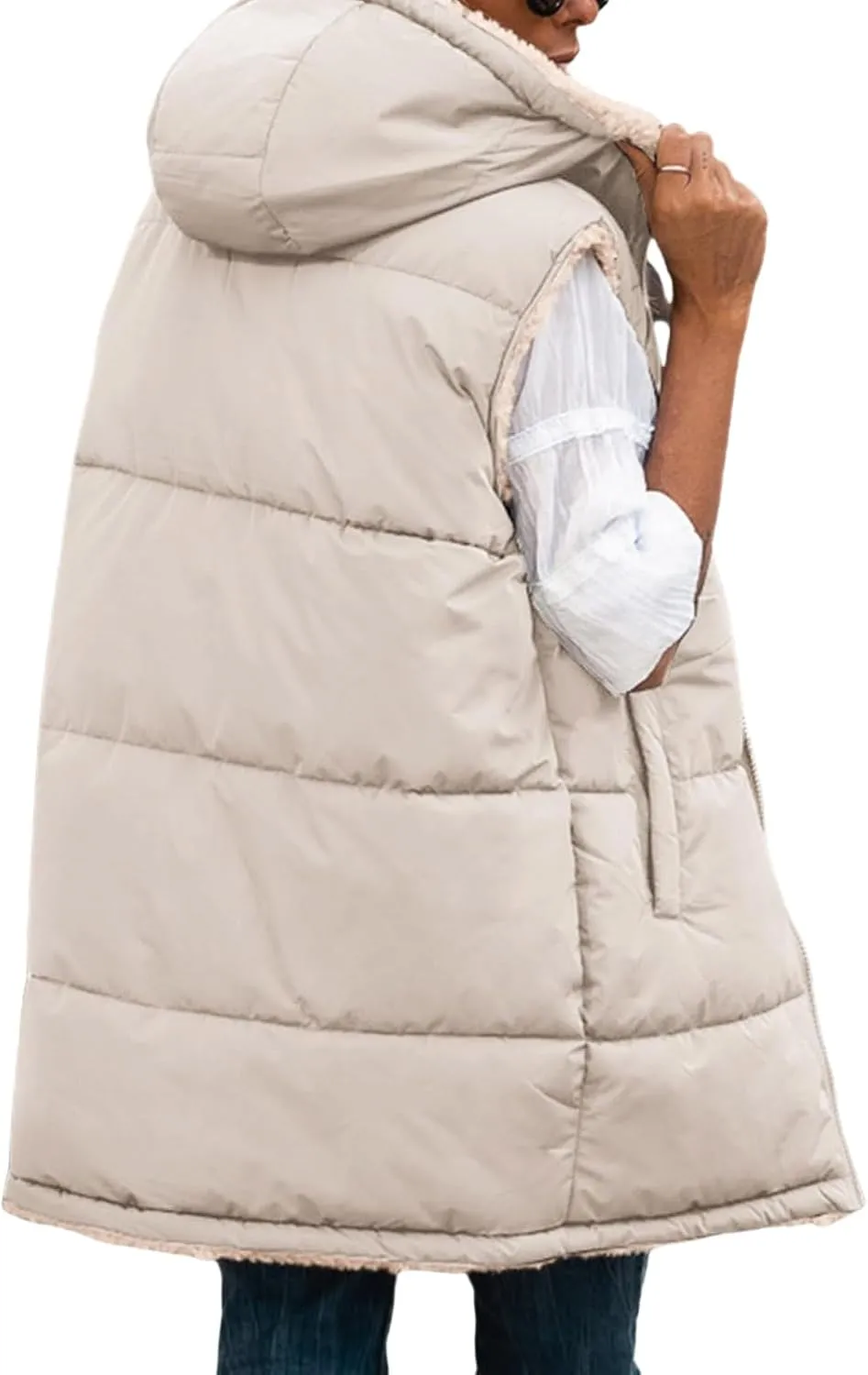 Long Puffer Jacket Womens Zip Up Hoodies Fleece Lined Puffer Vest Reversible Long Sleeve Coat Warm Winter Outwear